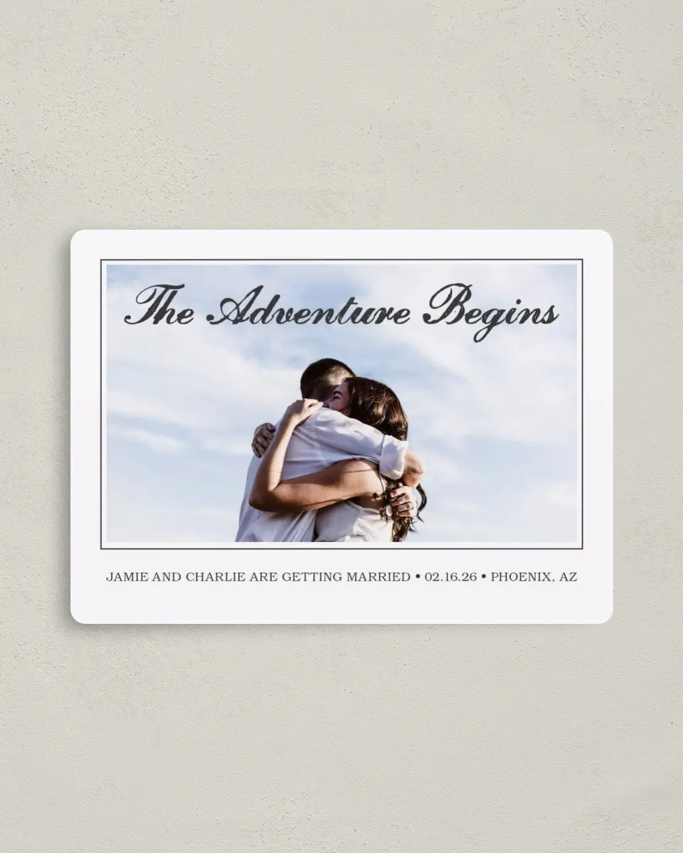 This is a 4" x 5½" Save the Date Magnet called Totally Us printed in full color with a Luxe Satin finish