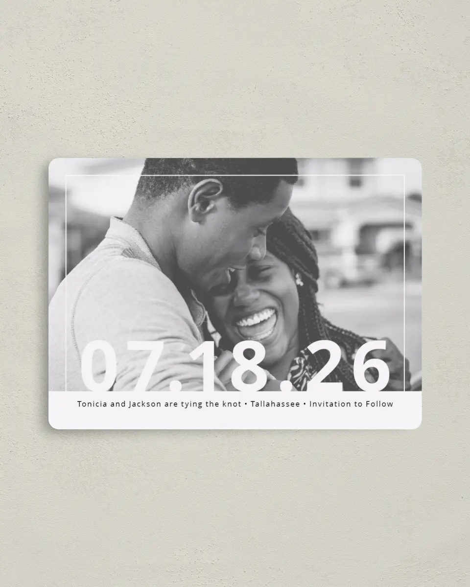 This is a 4" x 5½" Save the Date Magnet called Now + Forever printed in full color with a Luxe Satin finish