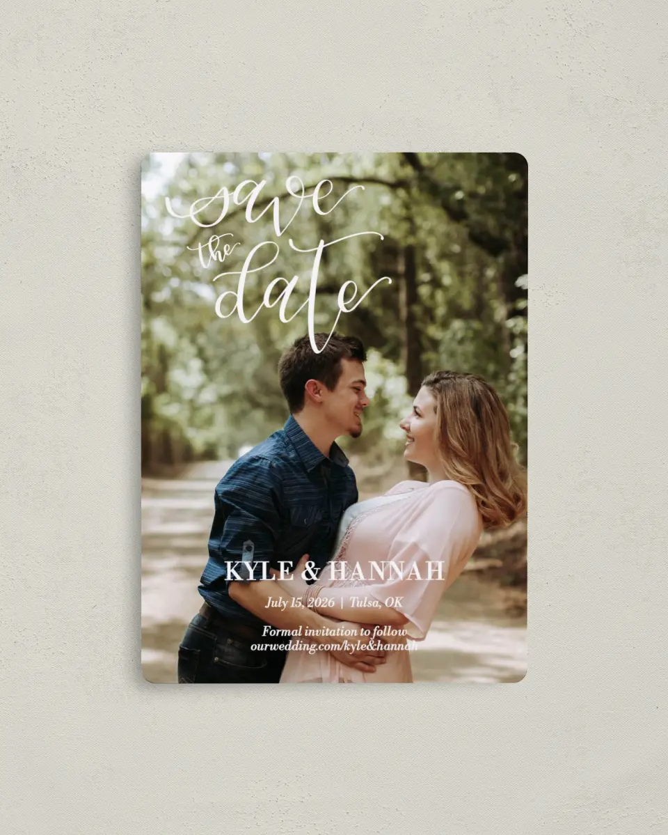 This is a 4" x 5½" Save the Date Magnet called Timeless Treasure printed in full color with a Luxe Satin finish