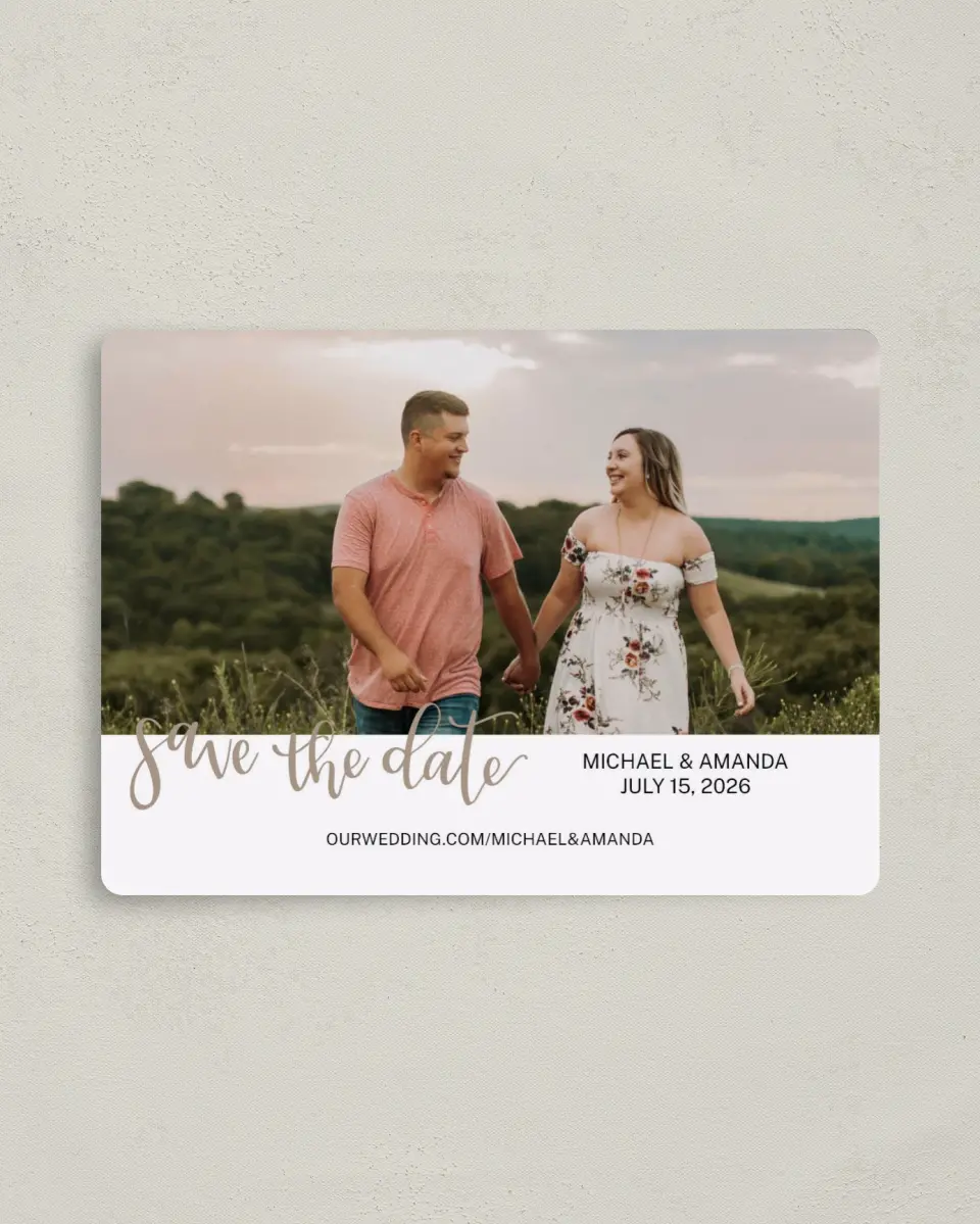 This is a 4" x 5½" Save the Date Magnet called Delightful Day printed in full color with a Luxe Satin finish