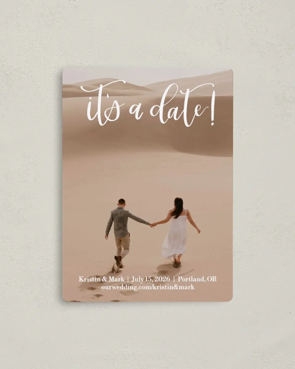 This is a 4" x 5½" Save the Date Magnet called Make Our Day printed in full color with a Luxe Satin finish