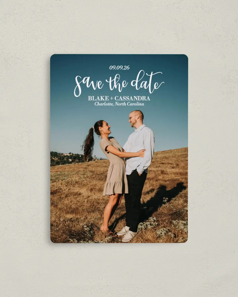 This is a 4" x 5½" Save the Date Magnet called Marry Magic printed in full color with a Luxe Satin finish