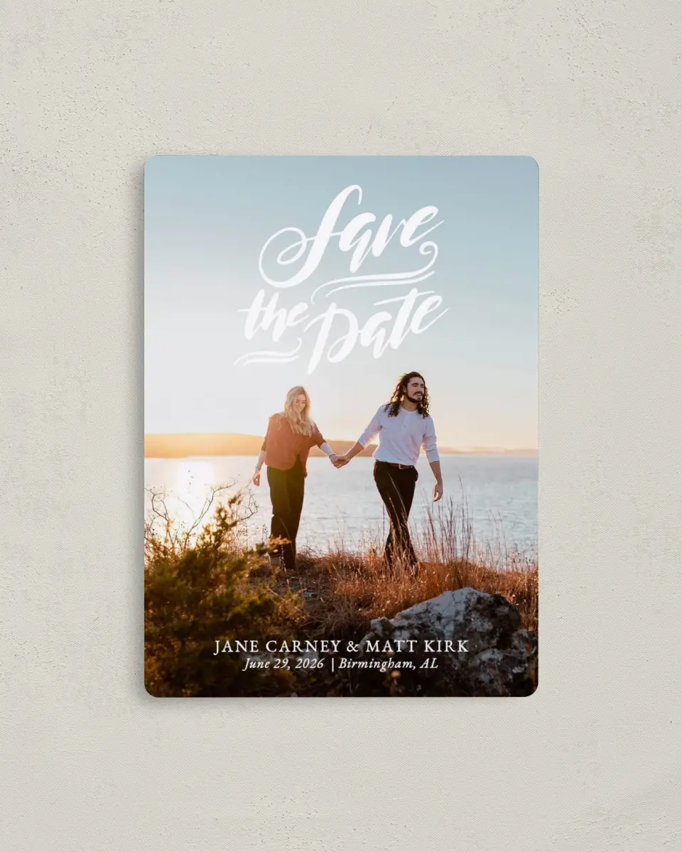 This is a 4" x 5½" Save the Date Magnet called Rooftop Romance printed in full color with a Luxe Satin finish