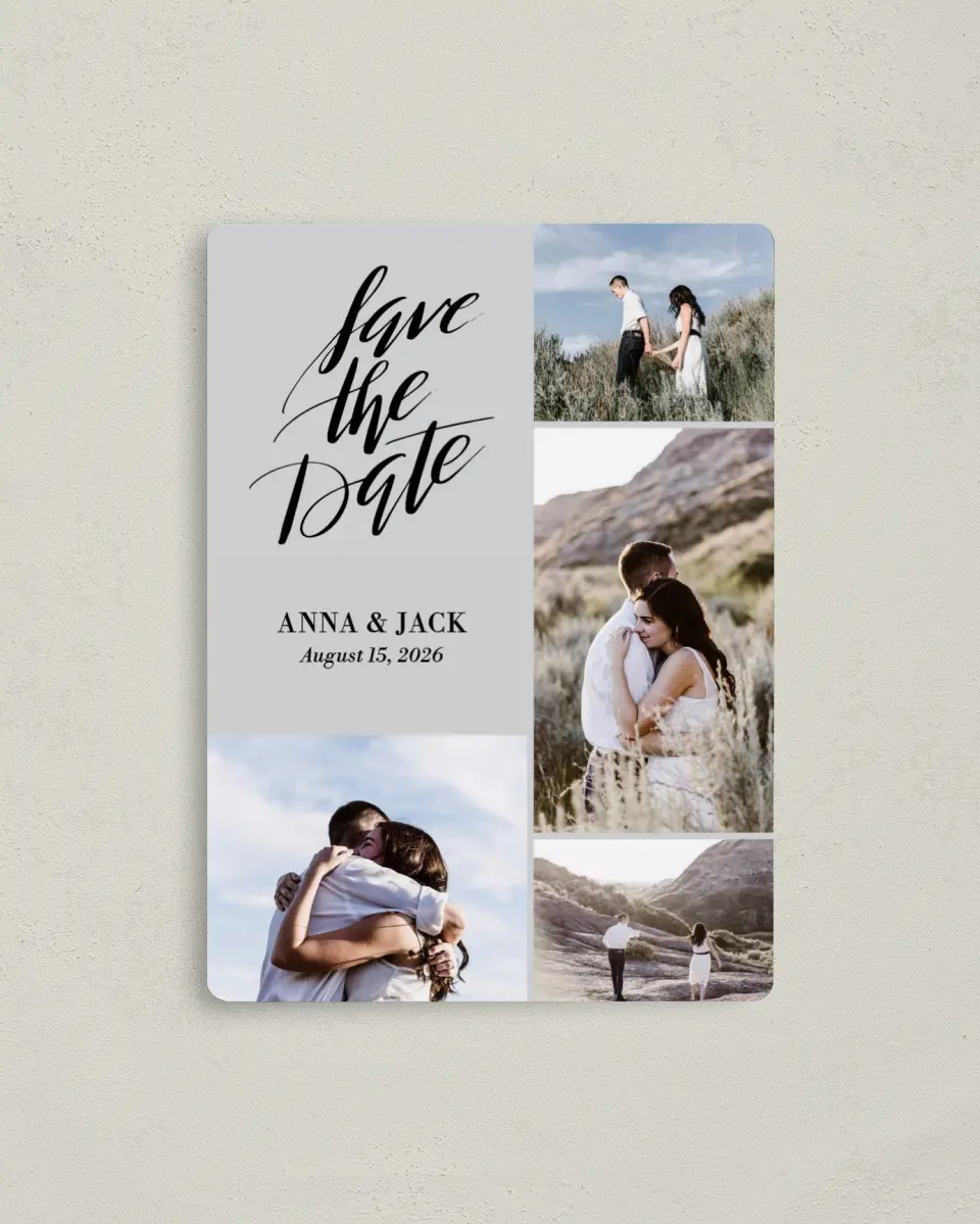 This is a 4" x 5½" Save the Date Magnet called Carefree Love printed in full color with a Luxe Satin finish