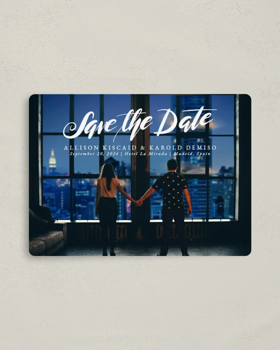 This is a 4" x 5½" Save the Date Magnet called Midnight Reflection printed in full color with Rose Gold foil and a Luxe Satin finish