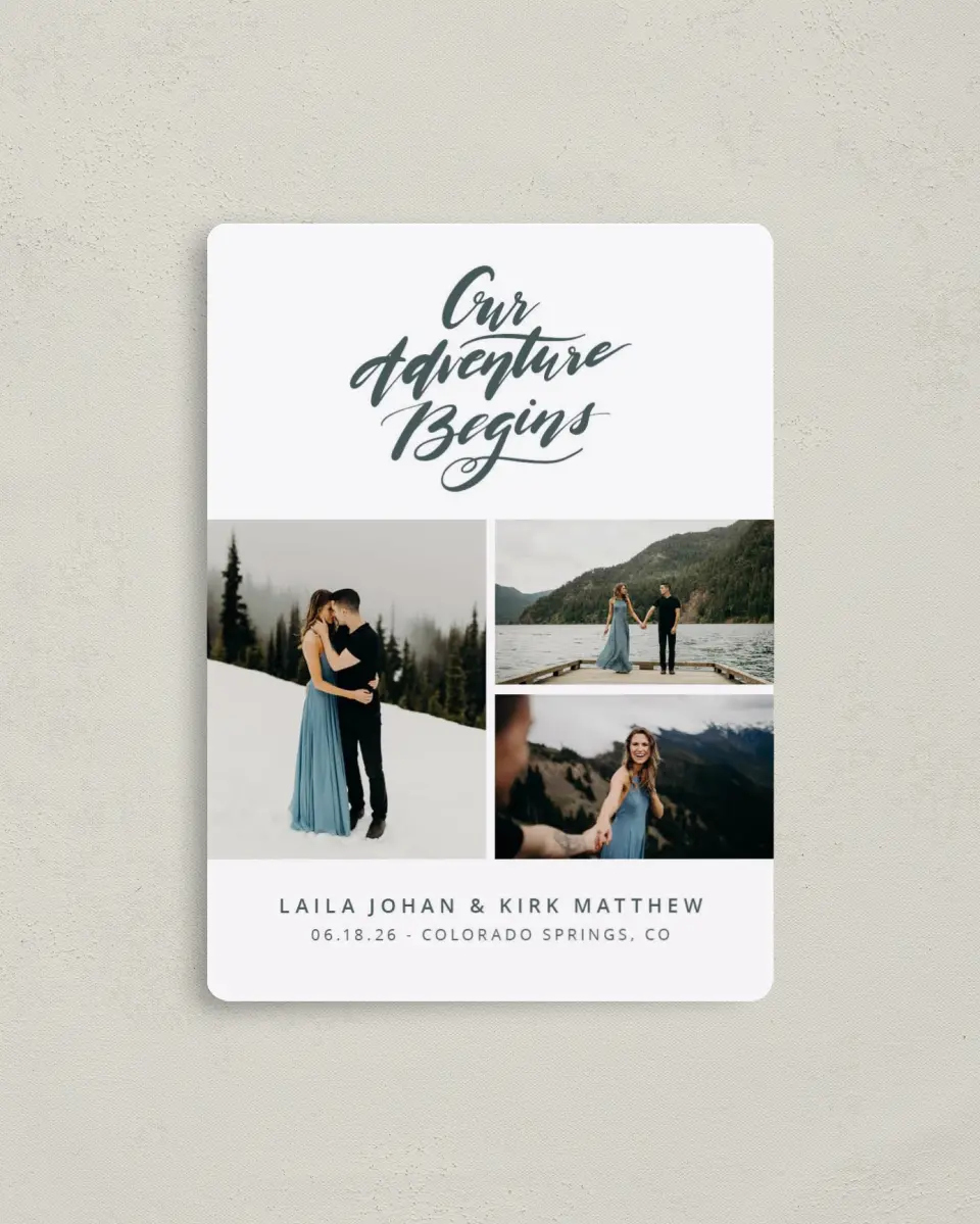This is a 4" x 5½" Save the Date Magnet called Dream Adventure printed in full color with a Luxe Satin finish