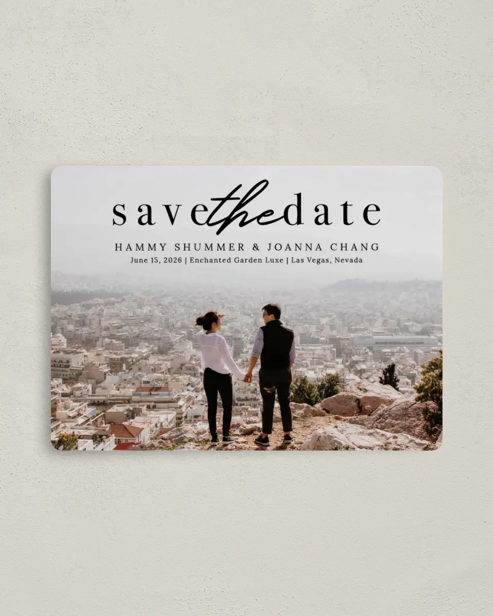 This is a 4" x 5½" Save the Date Magnet called Scenic Whisper printed in full color with a Luxe Satin finish