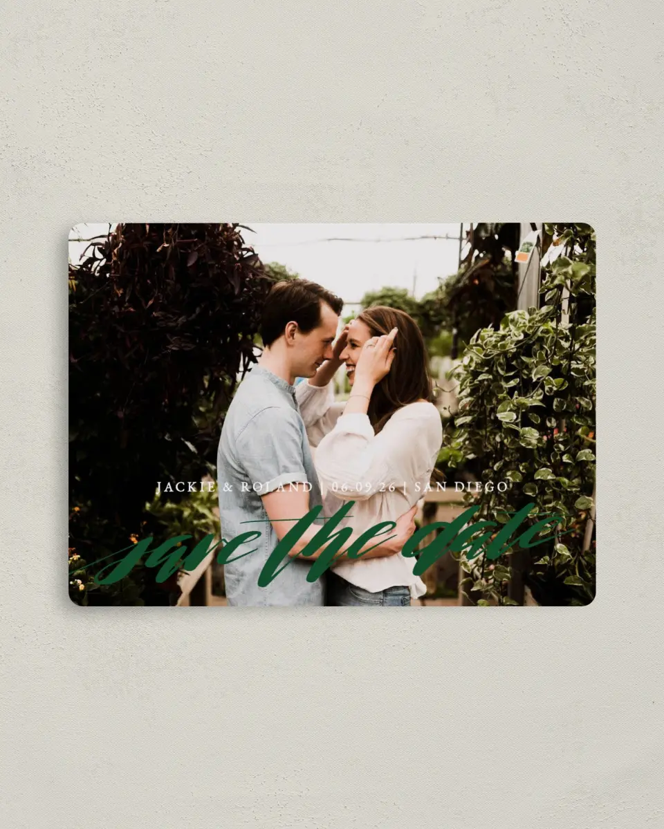This is a 4" x 5½" Save the Date Magnet called Destination Dream printed in full color with a Luxe Satin finish