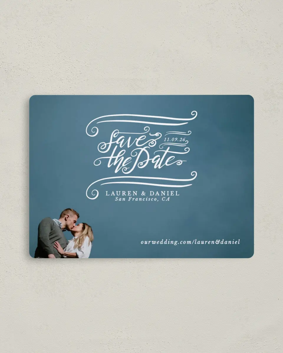 This is a 4" x 5½" Save the Date Magnet called Dizzy in Love printed in full color with Rose Gold foil and a Luxe Satin finish