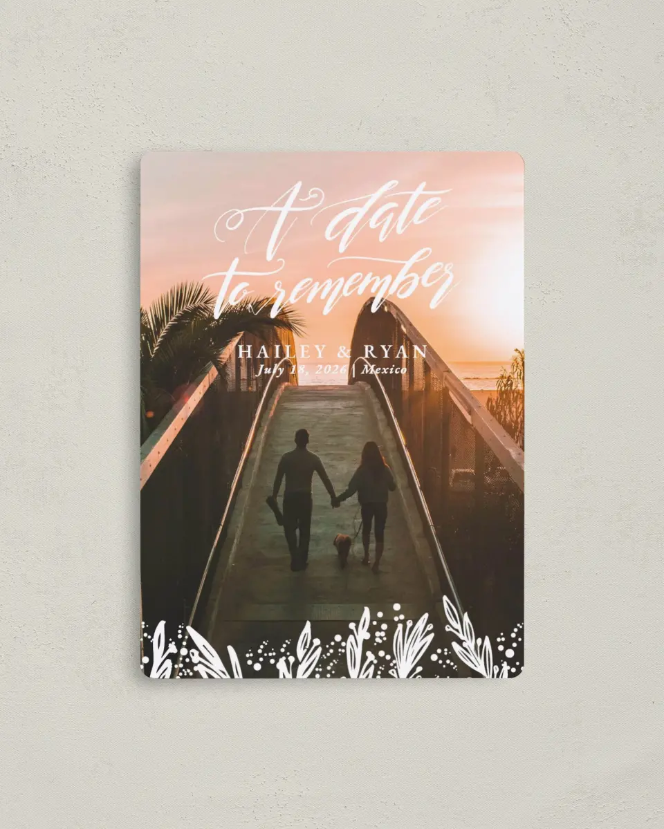 This is a 4" x 5½" Save the Date Magnet called Sunset Dream printed in full color with a Luxe Satin finish