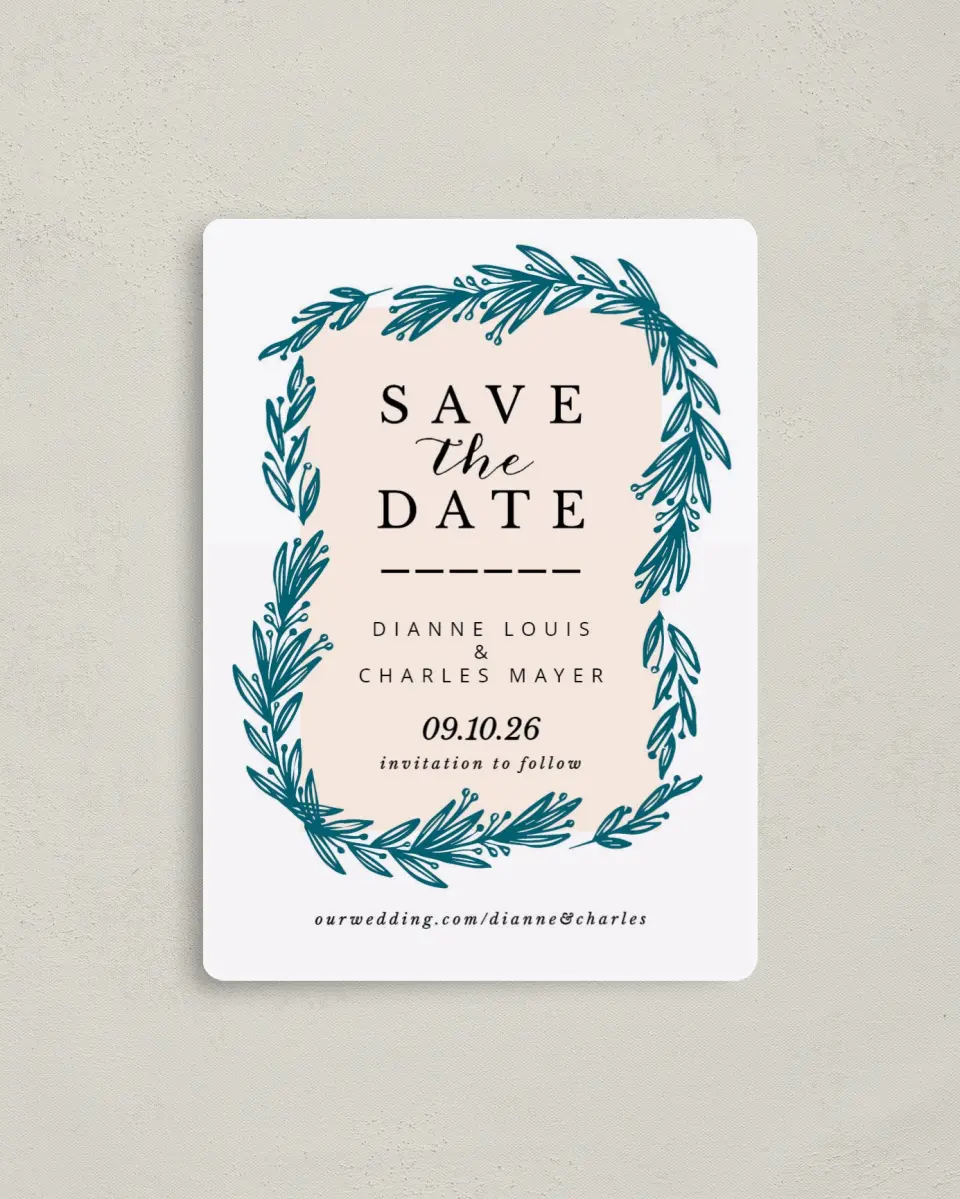 This is a 4" x 5½" Save the Date Magnet called Lovely Leaves printed in full color with a Luxe Satin finish