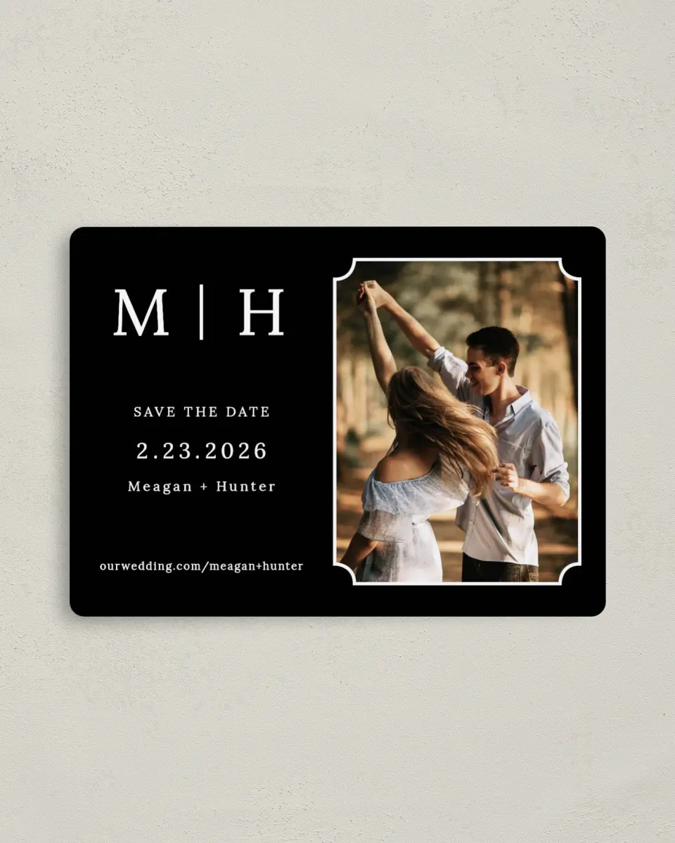 This is a 4" x 5½" Save the Date Magnet called Love's Waltz printed in full color with a Luxe Satin finish