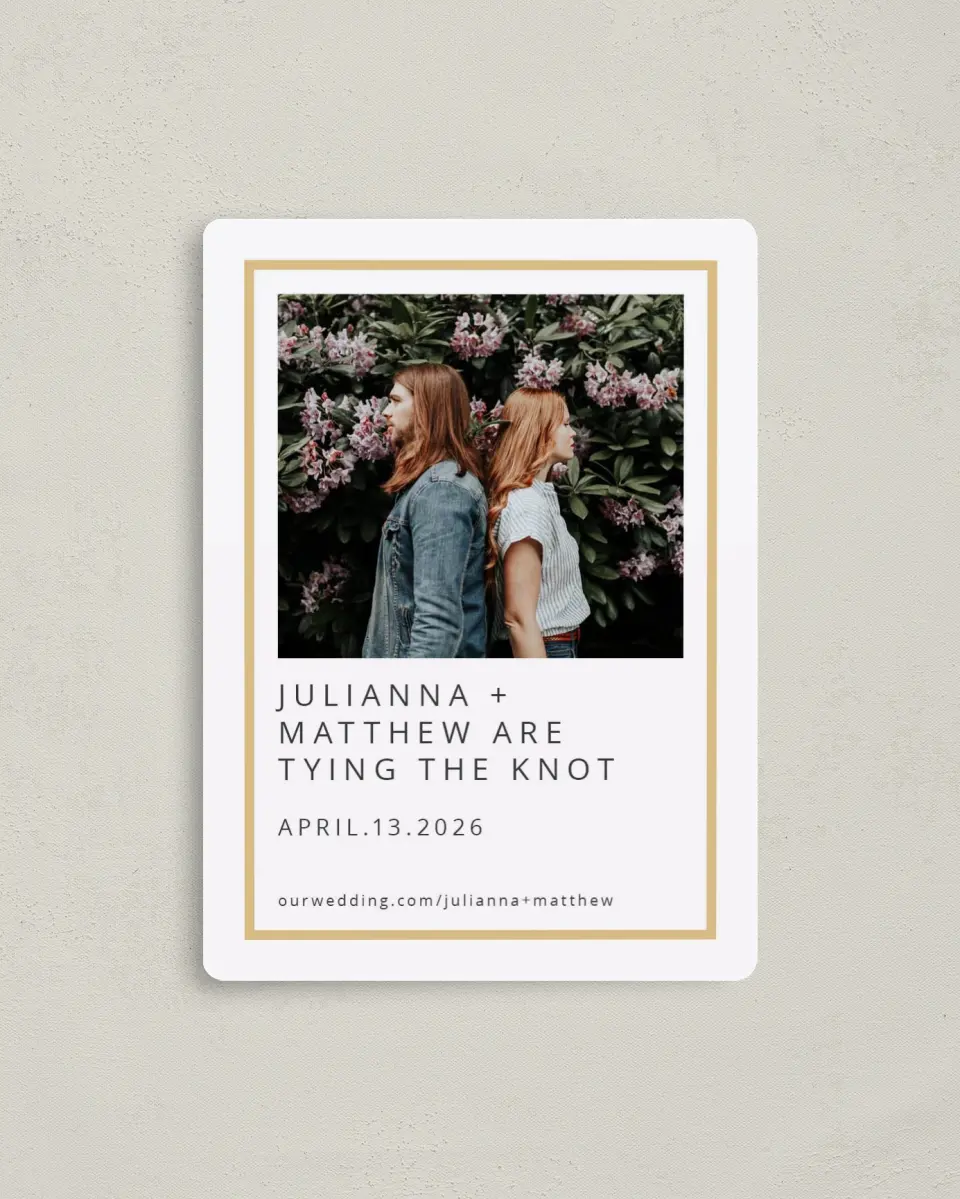This is a 4" x 5½" Save the Date Magnet called Tying the Knot printed in full color with a Luxe Satin finish