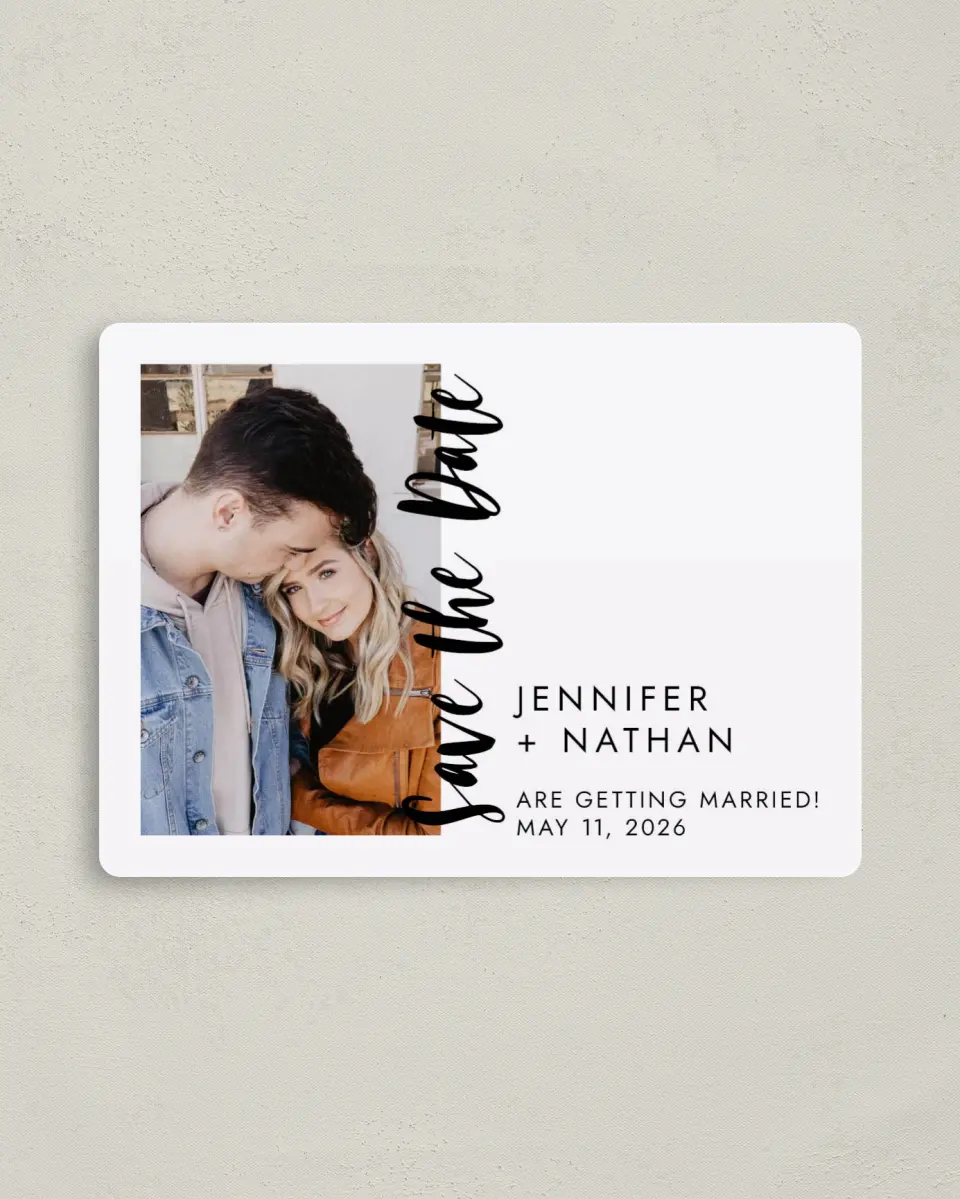 This is a 4" x 5½" Save the Date Magnet called Be There printed in full color with Rose Gold foil and a Luxe Satin finish