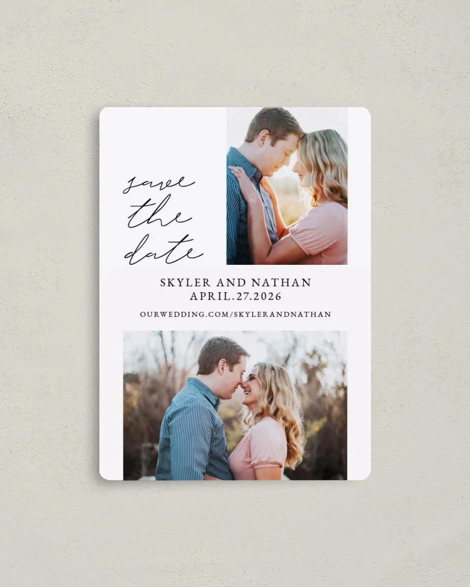 This is a 4" x 5½" Save the Date Magnet called Double Take printed in full color with a Luxe Satin finish