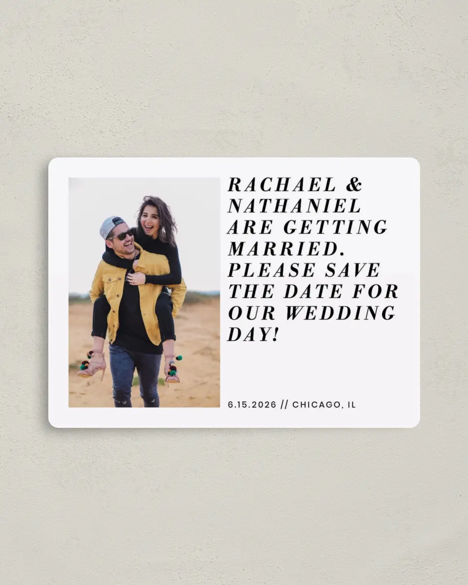 This is a 4" x 5½" Save the Date Magnet called Checkmate printed in full color with a Luxe Satin finish