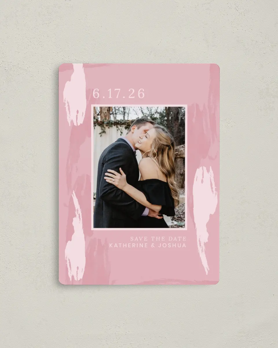 This is a 4" x 5½" Save the Date Magnet called Love Awash printed in full color with Rose Gold foil and a Luxe Satin finish