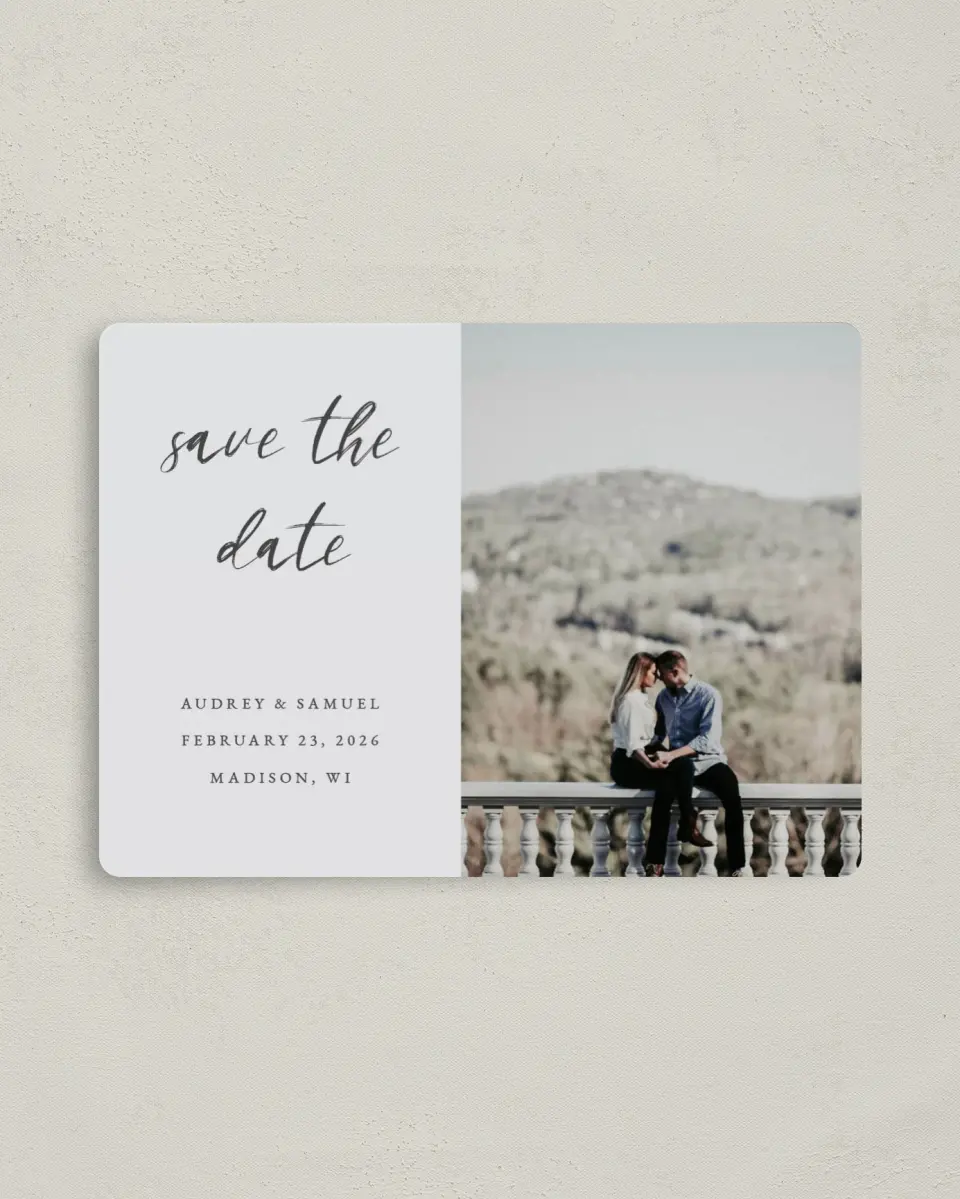 This is a 4" x 5½" Save the Date Magnet called Majestic Moment printed in full color with a Luxe Satin finish
