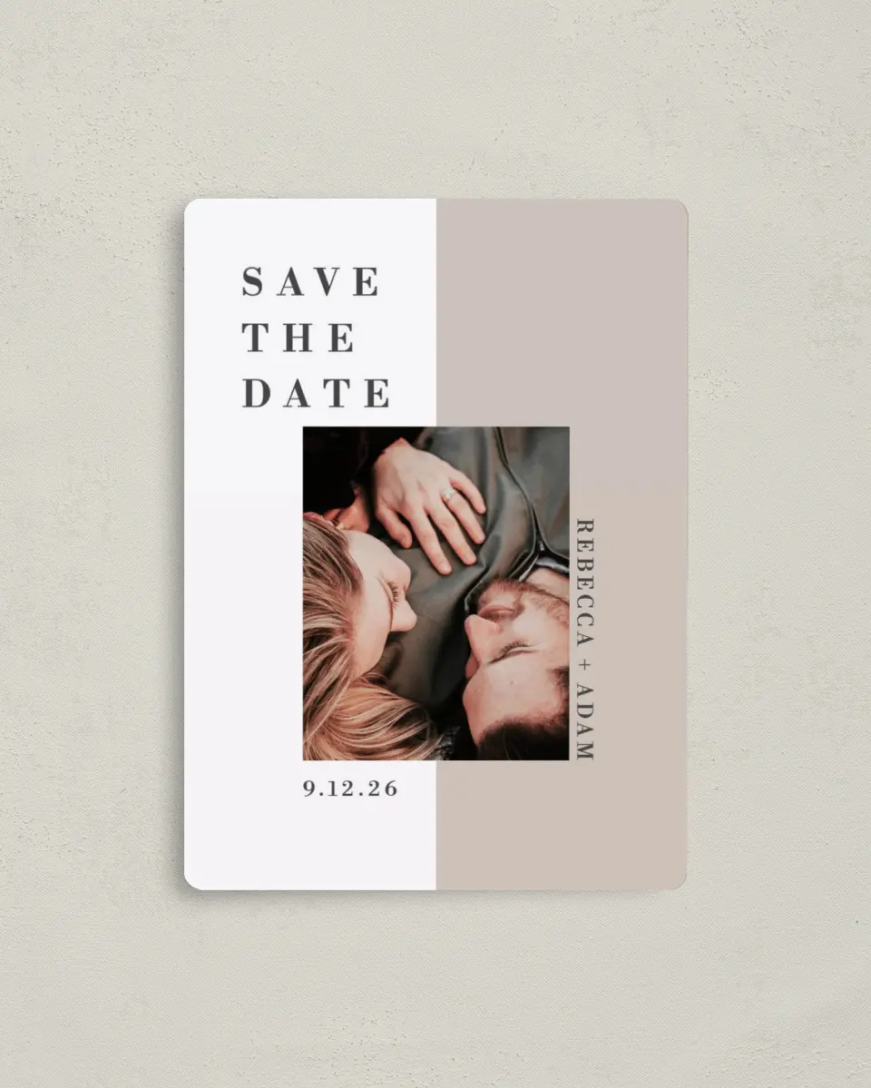 This is a 4" x 5½" Save the Date Magnet called Merging Love printed in full color with a Luxe Satin finish