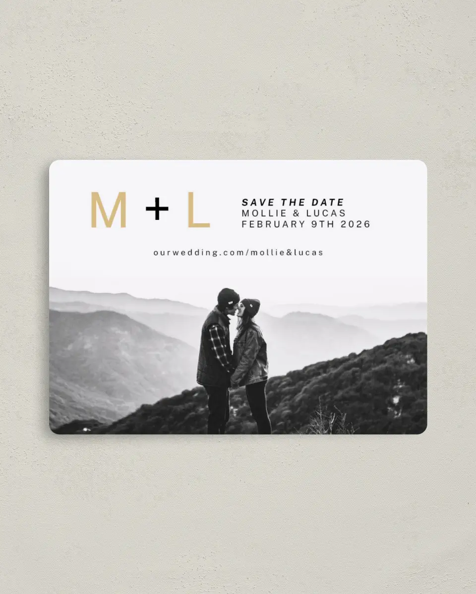 This is a 4" x 5½" Save the Date Magnet called New Initials printed in full color with Rose Gold foil and a Luxe Satin finish