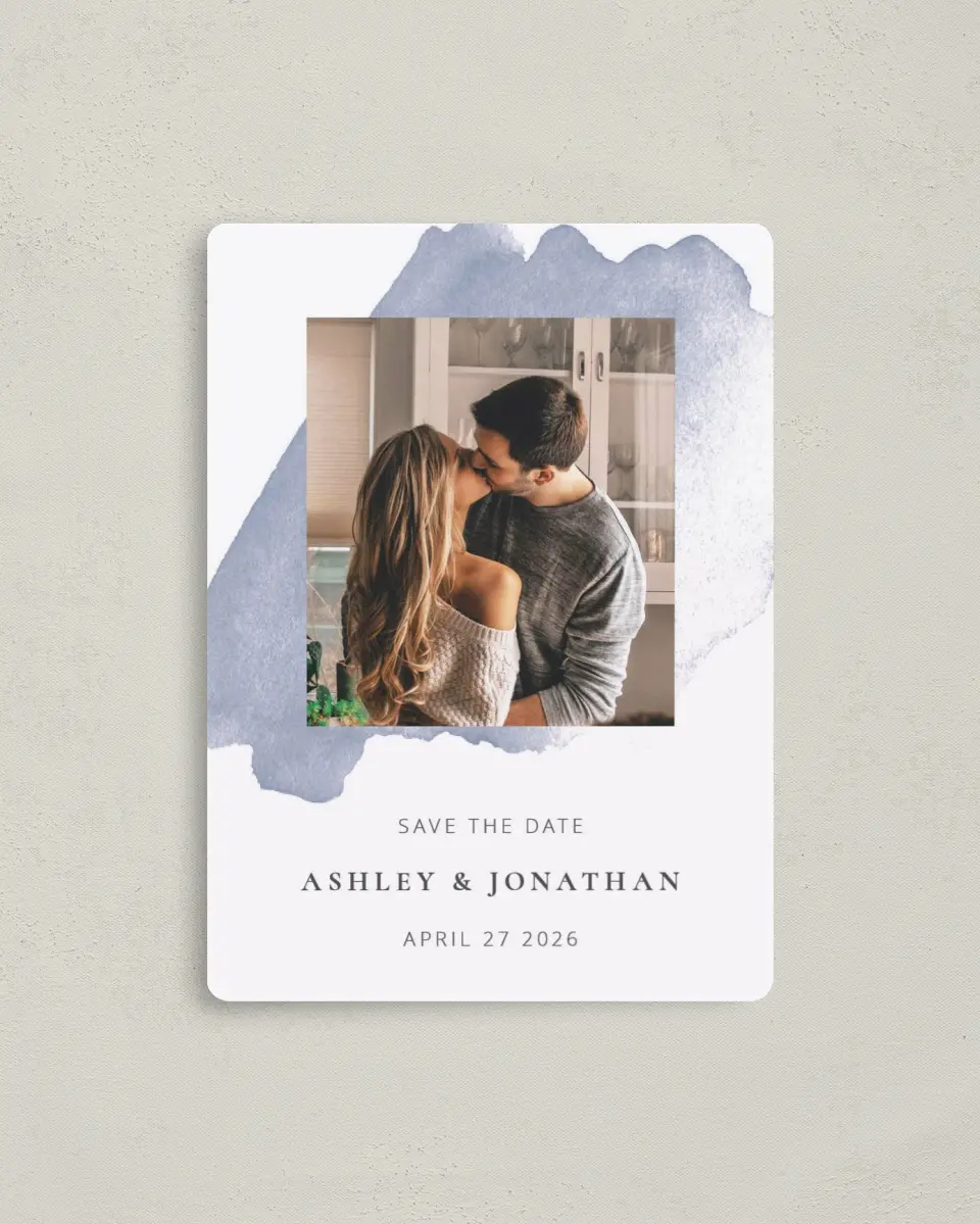 This is a 4" x 5½" Save the Date Magnet called Stroke of Luck printed in full color with Rose Gold foil and a Luxe Satin finish