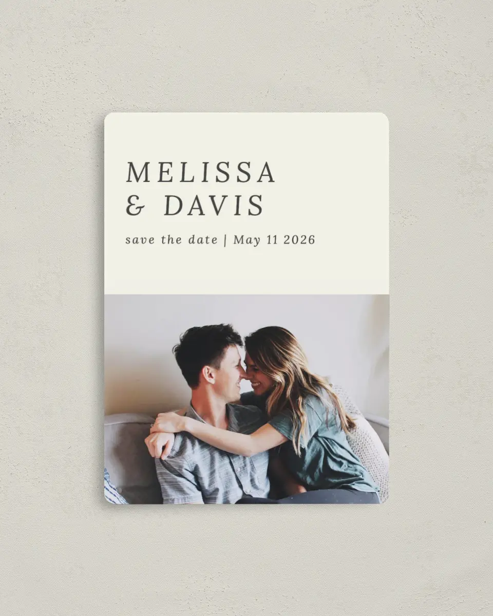 This is a 4" x 5½" Save the Date Magnet called Snuggle Together printed in full color with Rose Gold foil and a Luxe Satin finish