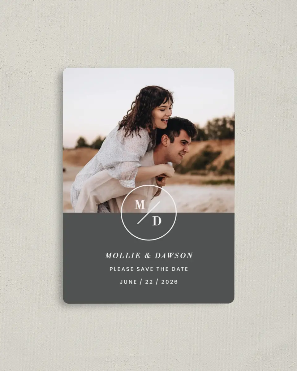 This is a 4" x 5½" Save the Date Magnet called New Monogram printed in full color with Rose Gold foil and a Luxe Satin finish