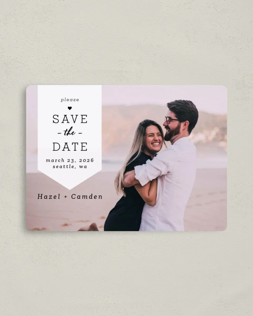 This is a 4" x 5½" Save the Date Magnet called Come Together printed in full color with Rose Gold foil and a Luxe Satin finish