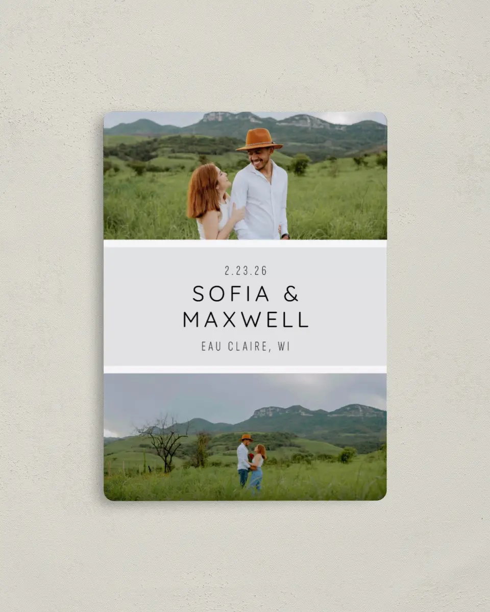 This is a 4" x 5½" Save the Date Magnet called Splendid Moment printed in full color with Rose Gold foil and a Luxe Satin finish