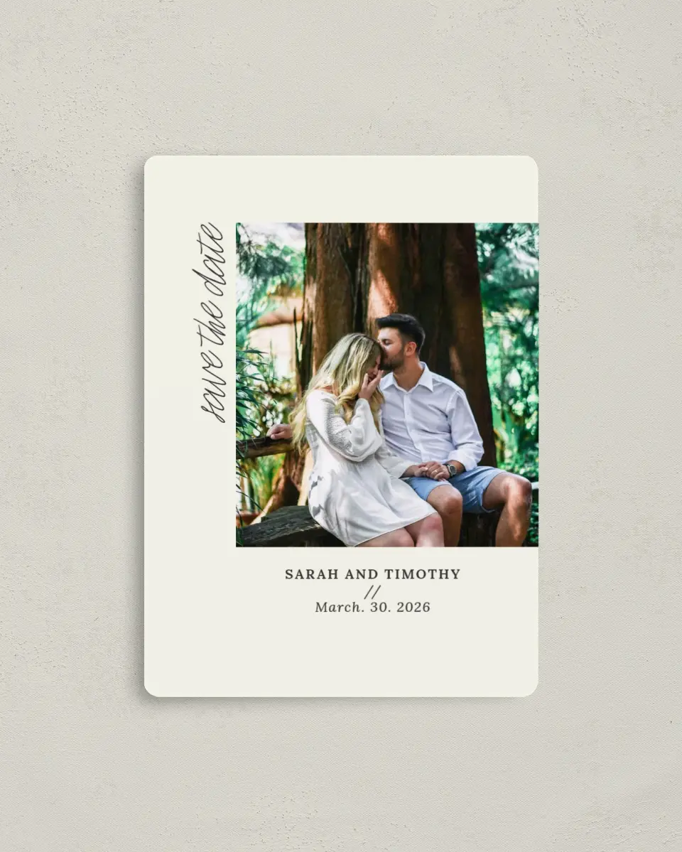 This is a 4" x 5½" Save the Date Magnet called I Said Yes printed in full color with Rose Gold foil and a Luxe Satin finish