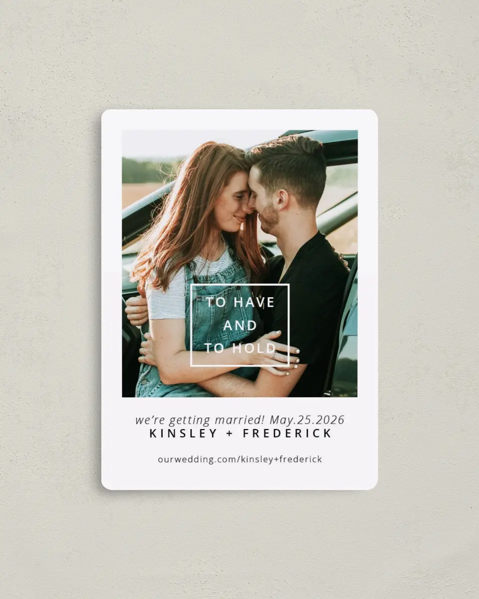 This is a 4" x 5½" Save the Date Magnet called Committed Vows printed in full color with a Luxe Satin finish