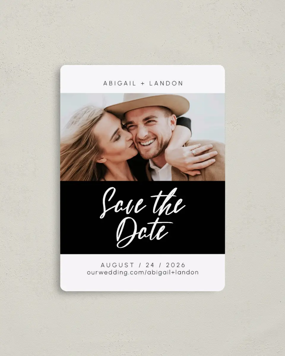 This is a 4" x 5½" Save the Date Magnet called Our Love Speaks printed in full color with a Luxe Satin finish