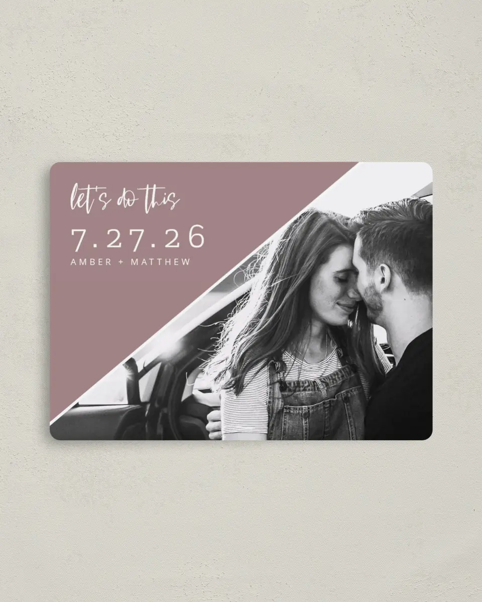 This is a 4" x 5½" Save the Date Magnet called Love Slant printed in full color with Rose Gold foil and a Luxe Satin finish