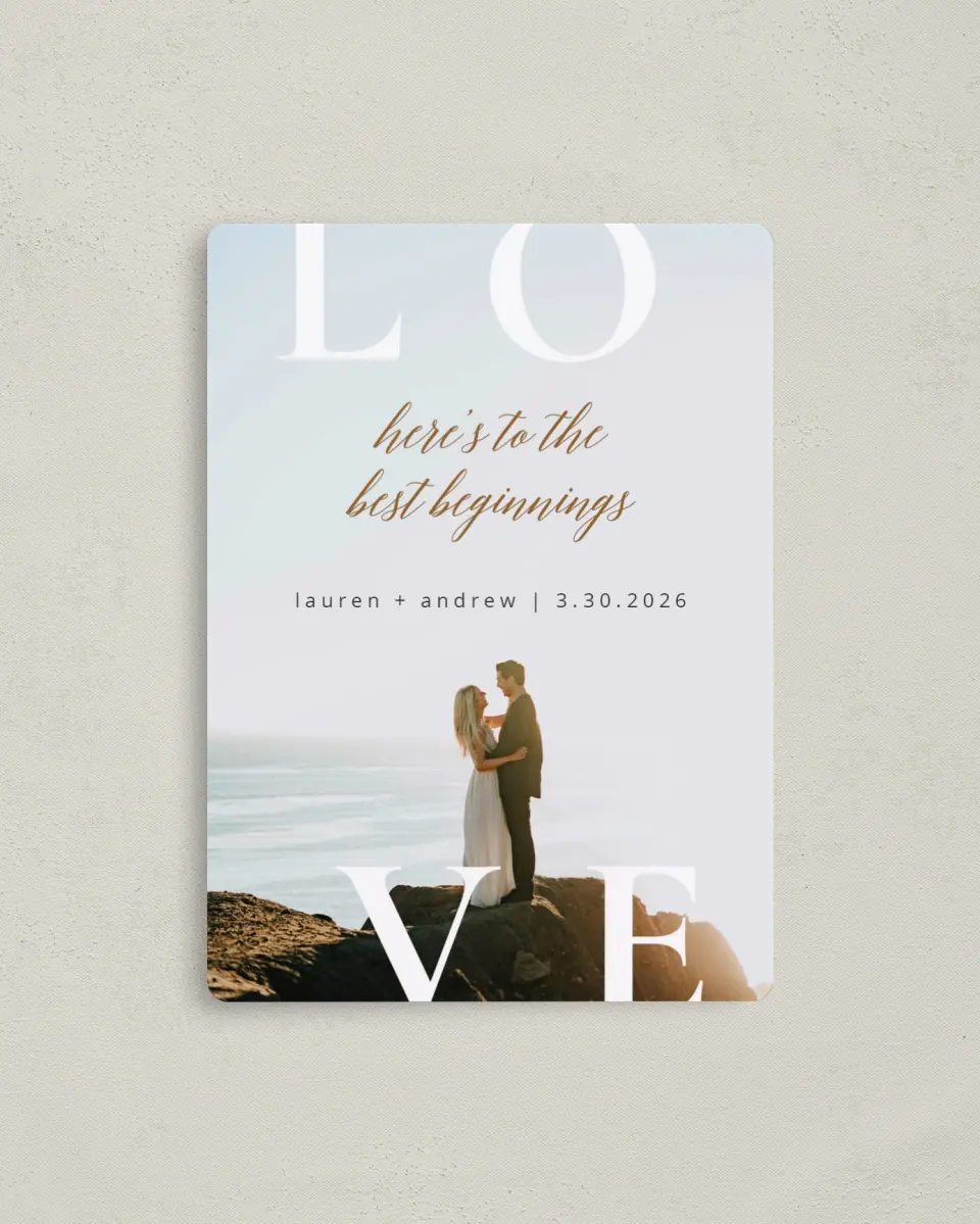 This is a 4" x 5½" Save the Date Magnet called Beginning of Love printed in full color with a Luxe Satin finish