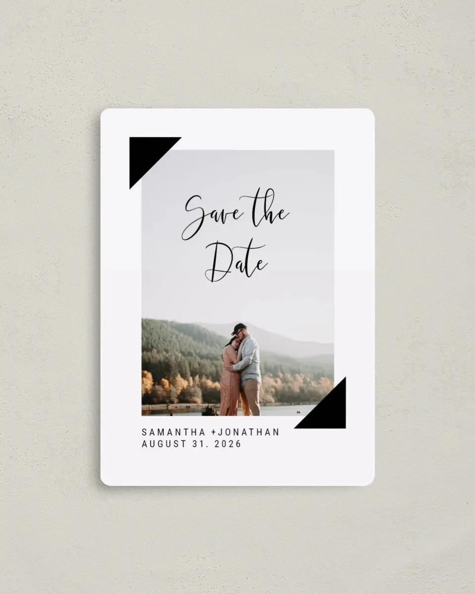 This is a 4" x 5½" Save the Date Magnet called Love's Cornerstone printed in full color with a Luxe Satin finish