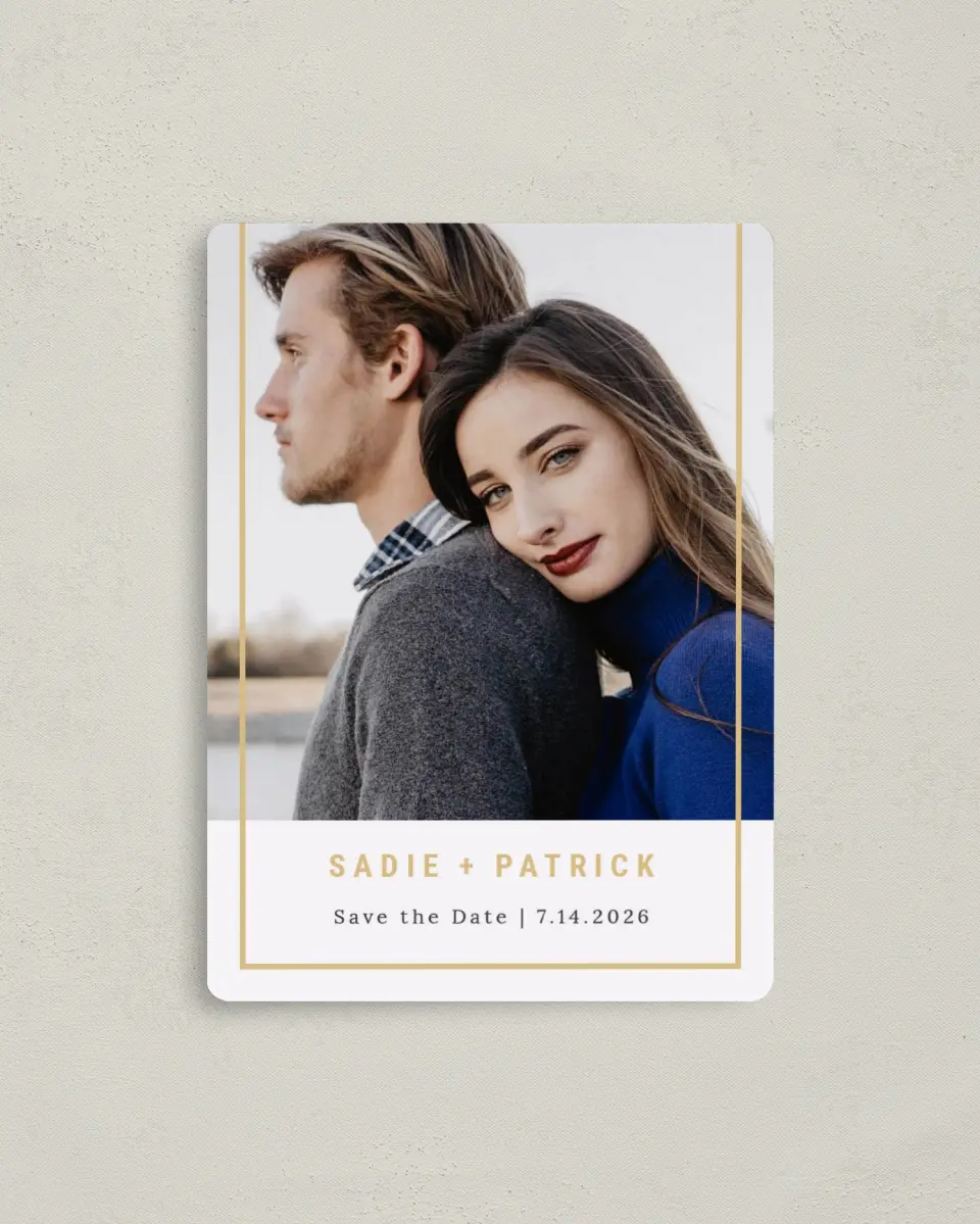This is a 4" x 5½" Save the Date Magnet called Forever Bliss printed in full color with Rose Gold foil and a Luxe Satin finish