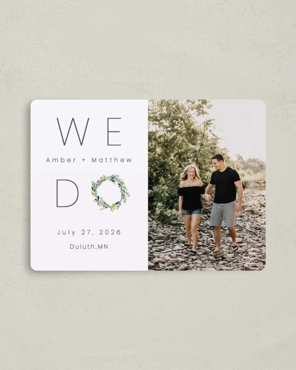 This is a 4" x 5½" Save the Date Magnet called Love Encircled printed in full color with a Luxe Satin finish