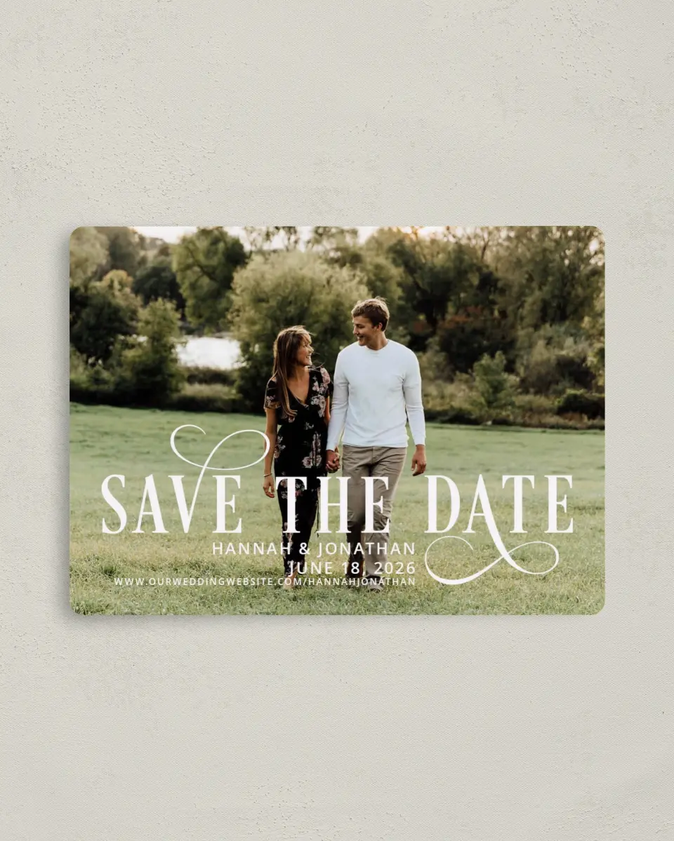 This is a 4" x 5½" Save the Date Magnet called Love Infinity printed in full color with a Luxe Satin finish