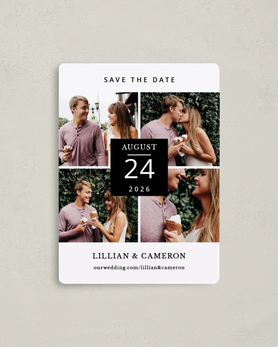 This is a 4" x 5½" Save the Date Magnet called Framed Four printed in full color with Rose Gold foil and a Luxe Satin finish