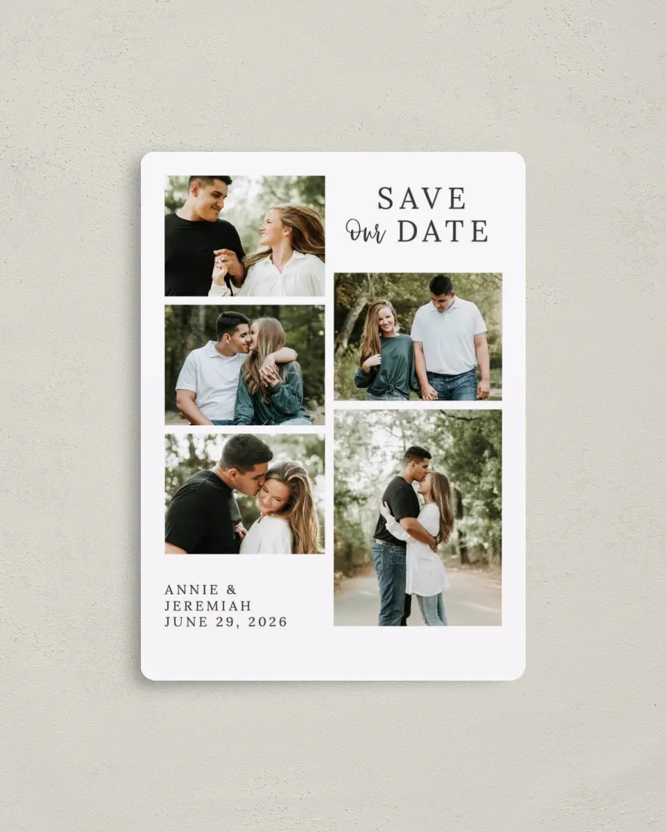 This is a 4" x 5½" Save the Date Magnet called Sweetly Composed printed in full color with Rose Gold foil and a Luxe Satin finish