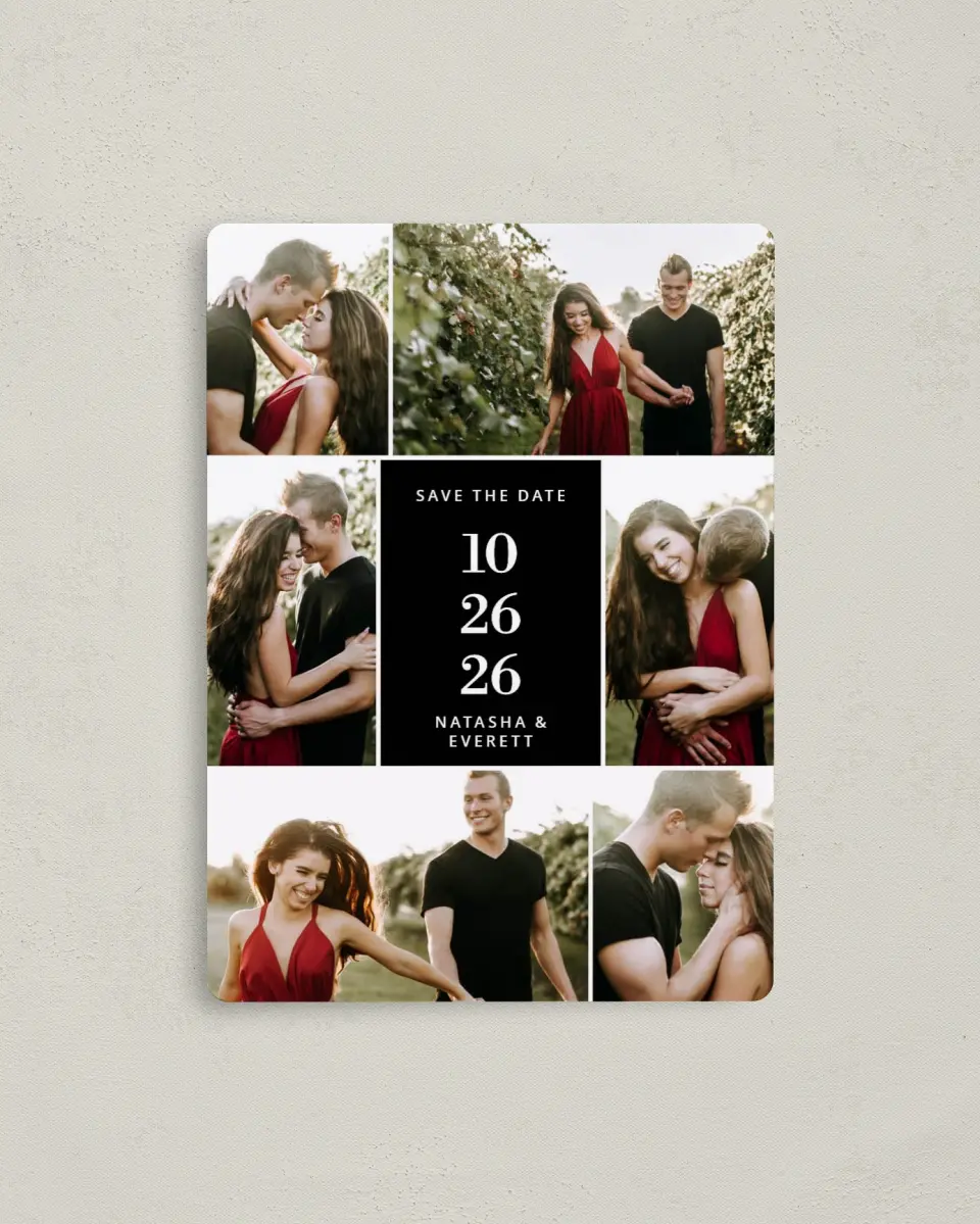 This is a 4" x 5½" Save the Date Magnet called Multitude Magic printed in full color with a Luxe Satin finish