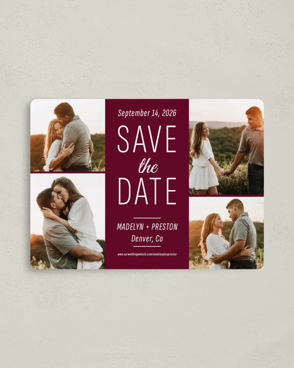 This is a 4" x 5½" Save the Date Magnet called Romantic Glow printed in full color with a Luxe Satin finish