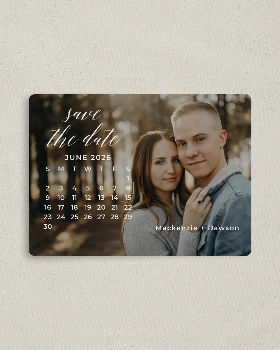 This is a 4" x 5½" Save the Date Magnet called The Big Date printed in full color with a Luxe Satin finish