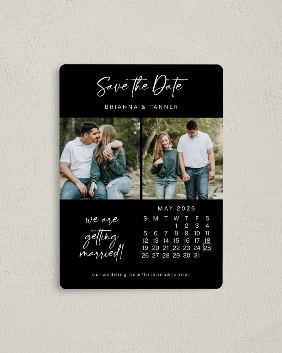 This is a 4" x 5½" Save the Date Magnet called It's Our Date printed in full color with a Luxe Satin finish