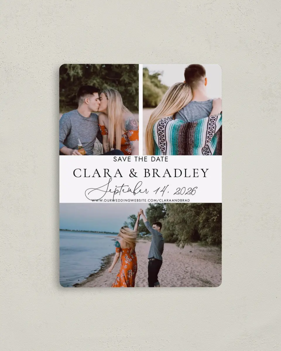 This is a 4" x 5½" Save the Date Magnet called Chic Intrigue printed in full color with a Luxe Satin finish
