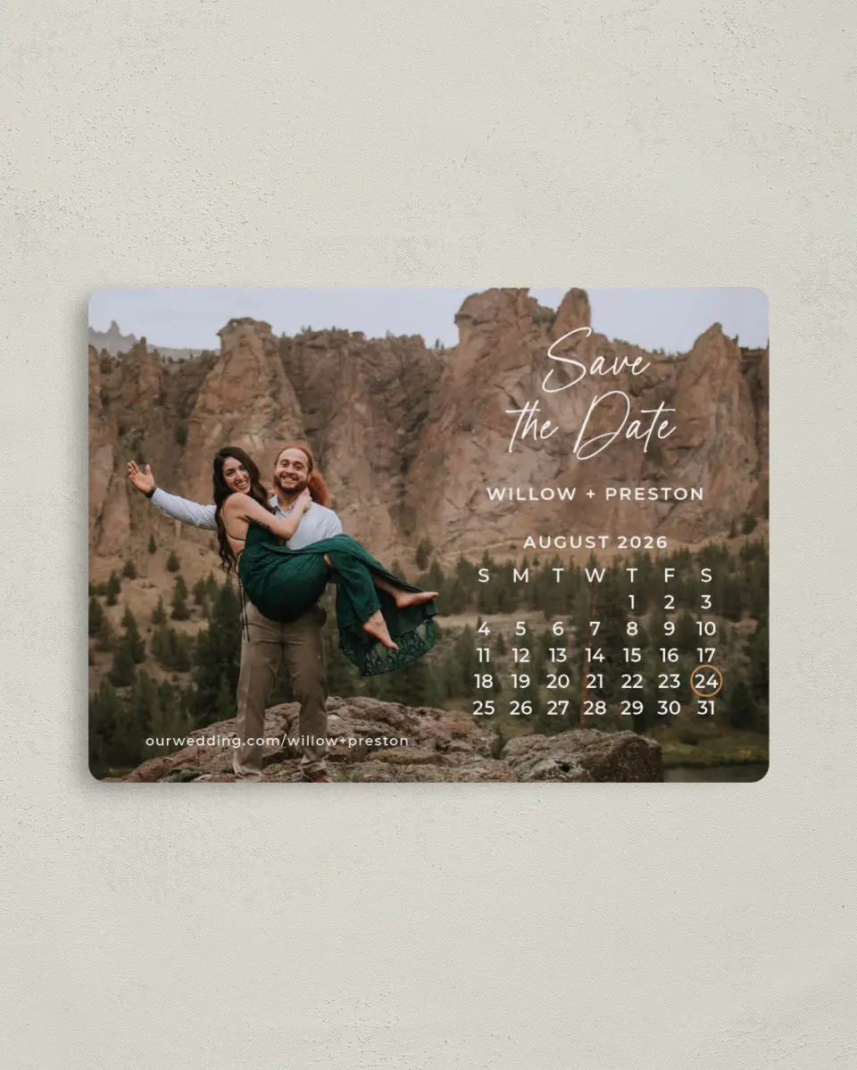 This is a 4" x 5½" Save the Date Magnet called Delightful Date printed in full color with a Luxe Satin finish