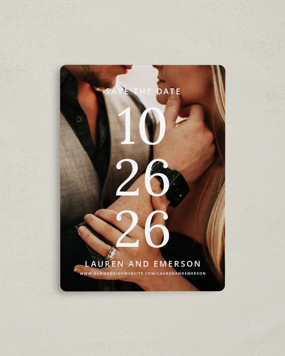 This is a 4" x 5½" Save the Date Magnet called Stacked Sophisticate printed in full color with Rose Gold foil and a Luxe Satin finish
