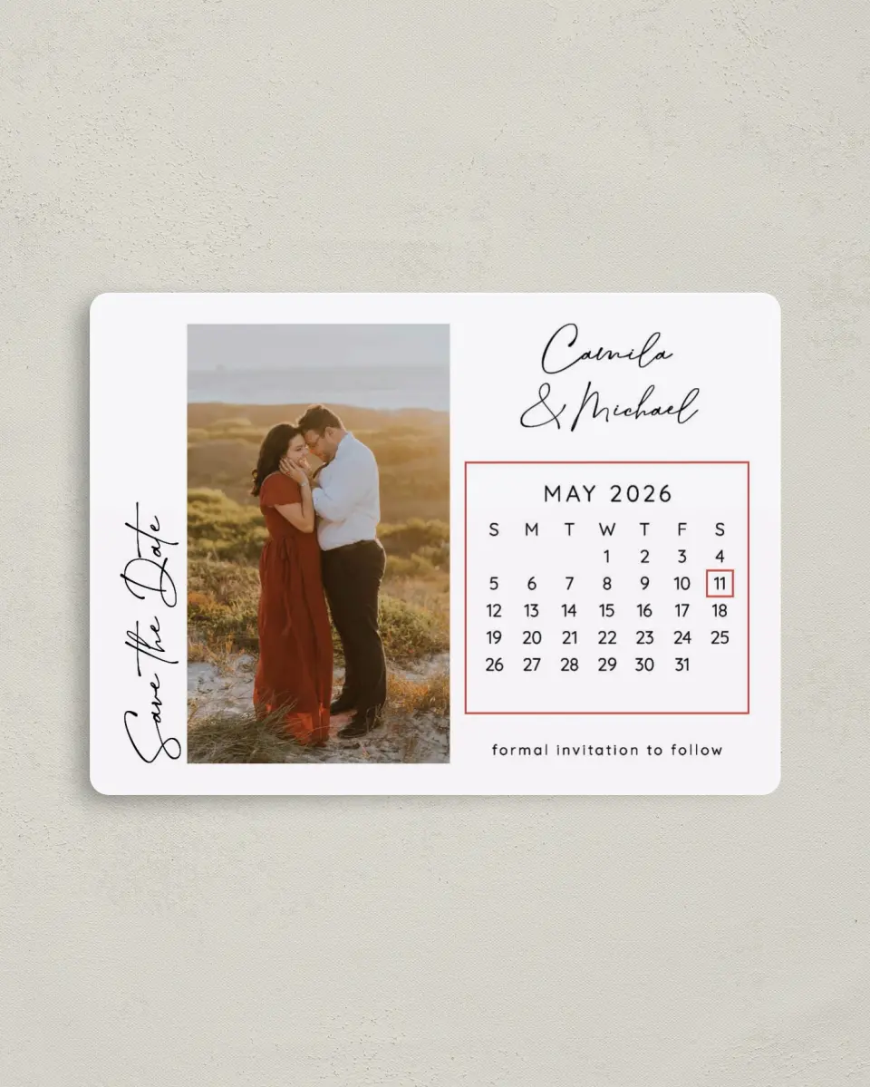 This is a 4" x 5½" Save the Date Magnet called Date Check printed in full color with a Luxe Satin finish