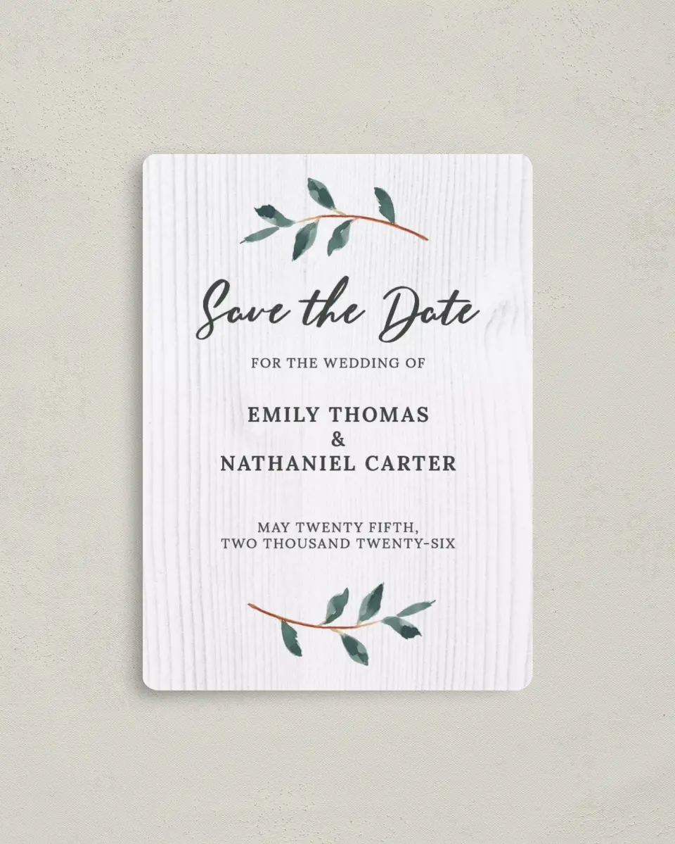 This is a 4" x 5½" Save the Date Magnet called Brushed Allure printed in full color with Rose Gold foil and a Luxe Satin finish