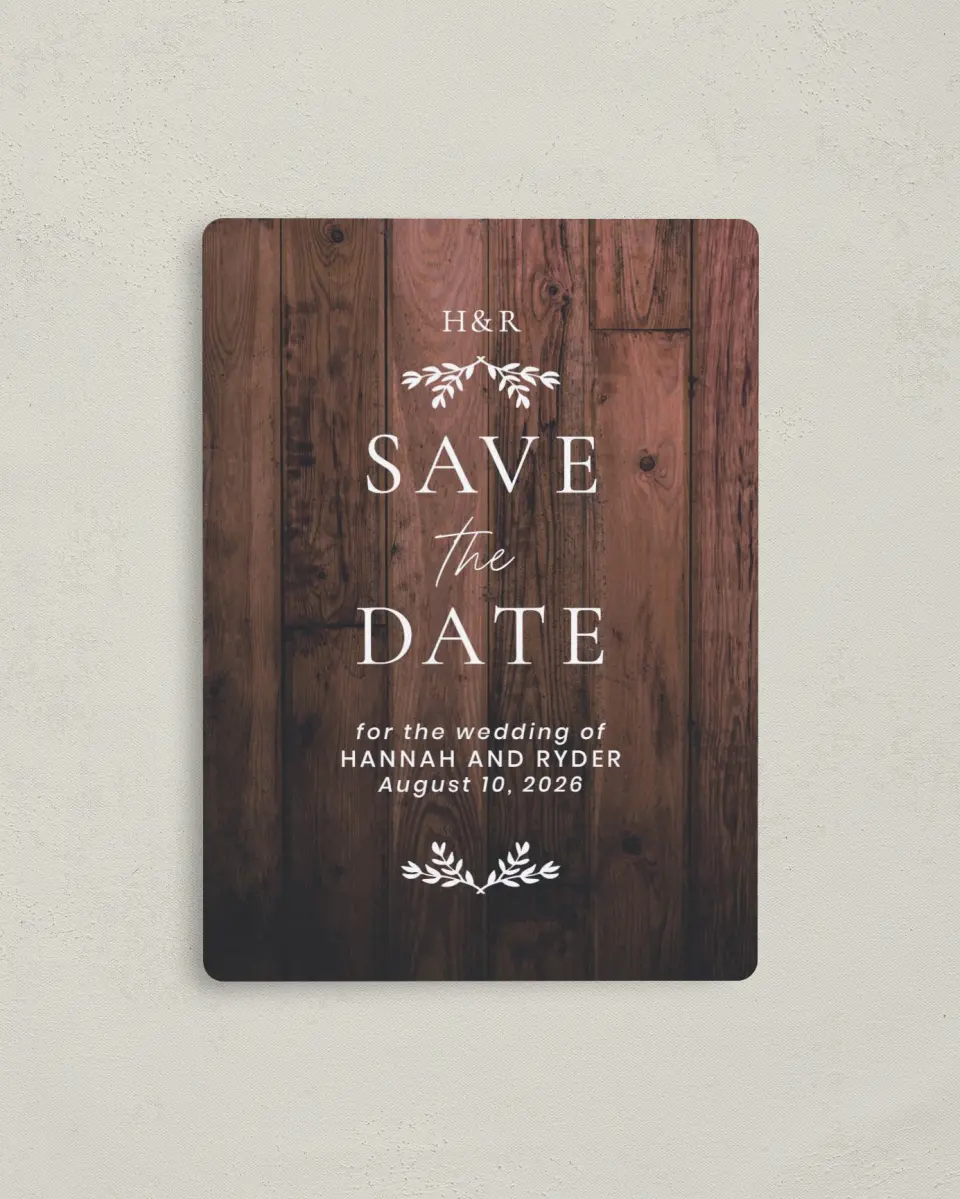This is a 4" x 5½" Save the Date Magnet called Rustic Sprigs printed in full color with a Luxe Satin finish